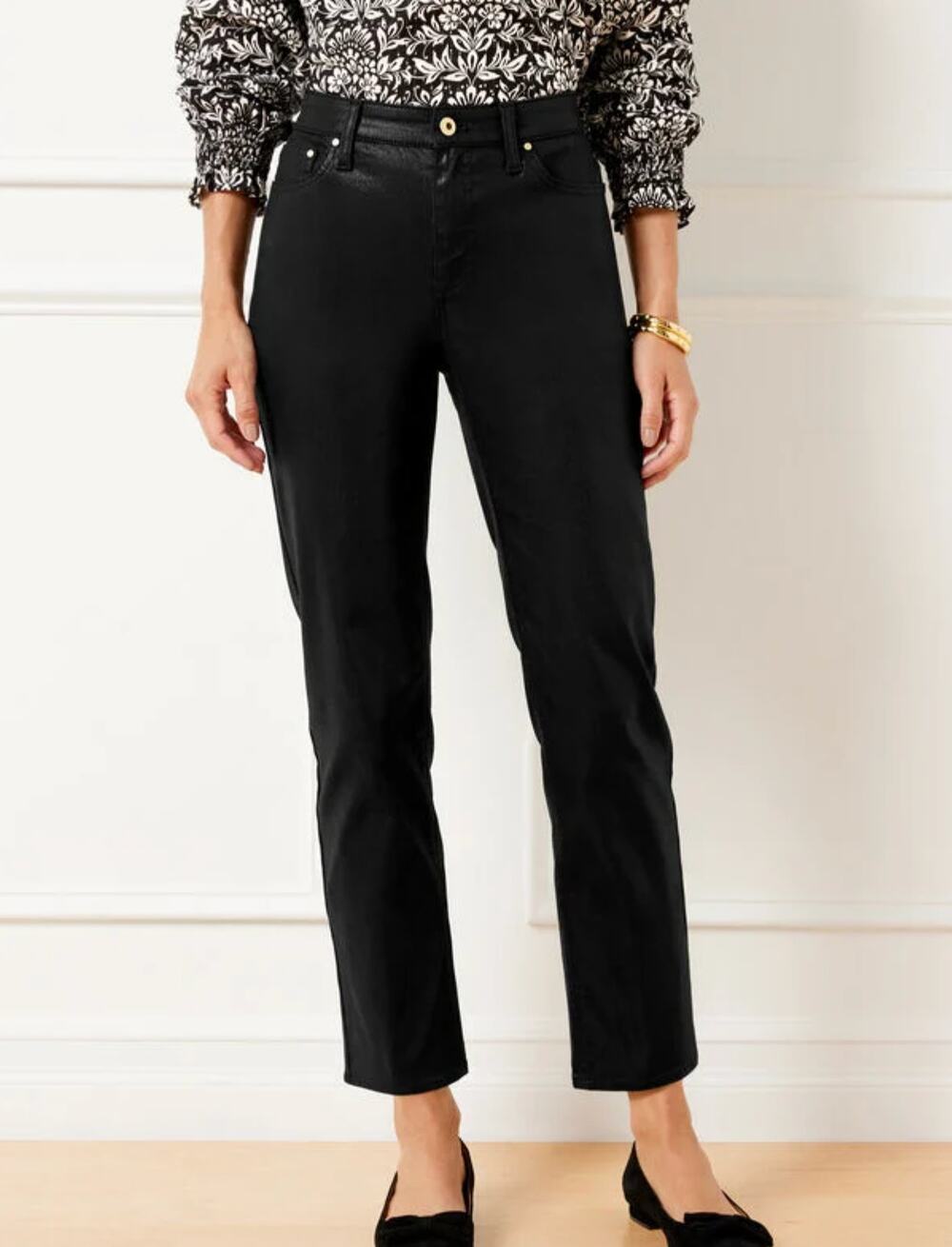Talbots Womens 10 Black Metallic Slim Straight Ankle Denim Jeans NEW